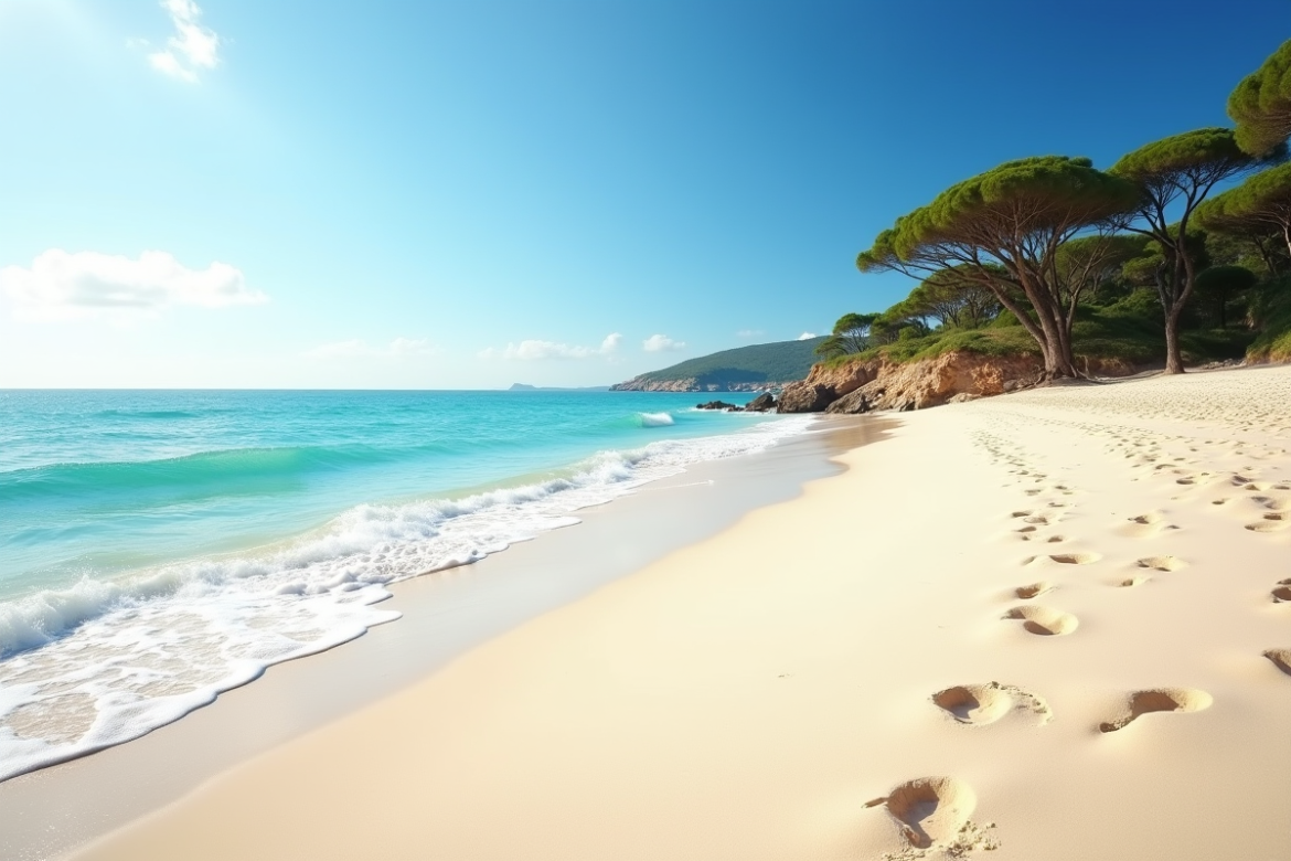 Plage de sable blanc en sud de France avec eau turquoise et pins