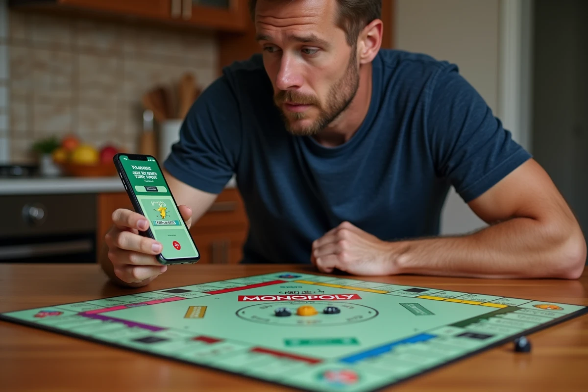 Homme comparant le plateau de jeu Monopoly physique avec l'application Monopoly GO sur smartphone posés sur une table de cuisine en bois