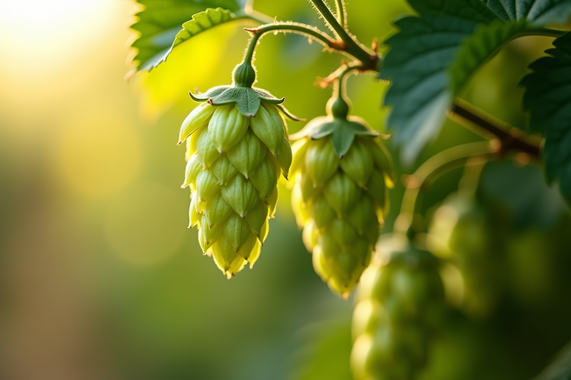 Pommes de hop vertes suspendues en plein air en matinée