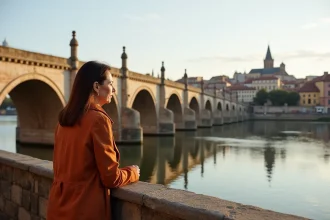 Femme sur le Pont Neuf à Toulouse avec vue sur la Garonne et le skyline de la ville rose