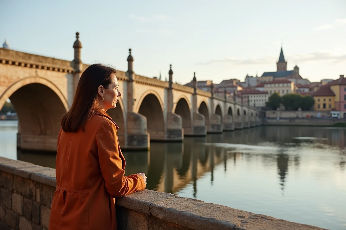 Femme sur le Pont Neuf à Toulouse avec vue sur la Garonne et le skyline de la ville rose