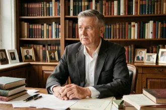 Portrait d'un homme mature assis dans un bureau parisien classique, entouré de livres et de souvenirs, évoquant une biographie chronologique