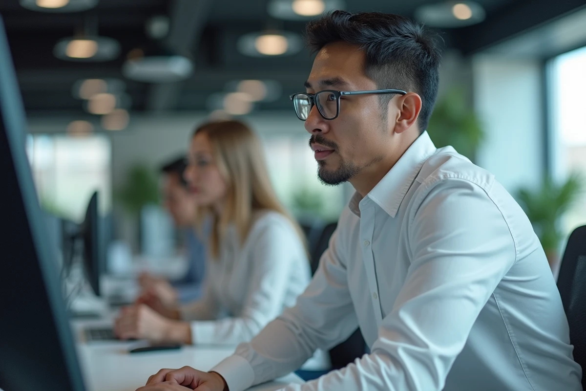 Professionnel utilisant une extension de compteur d'emots sur un grand écran dans un open space de bureau moderne