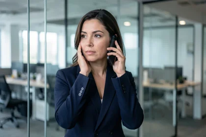 Professionnelle en blazer marine gérant sa messagerie vocale Free sur smartphone dans un bureau moderne