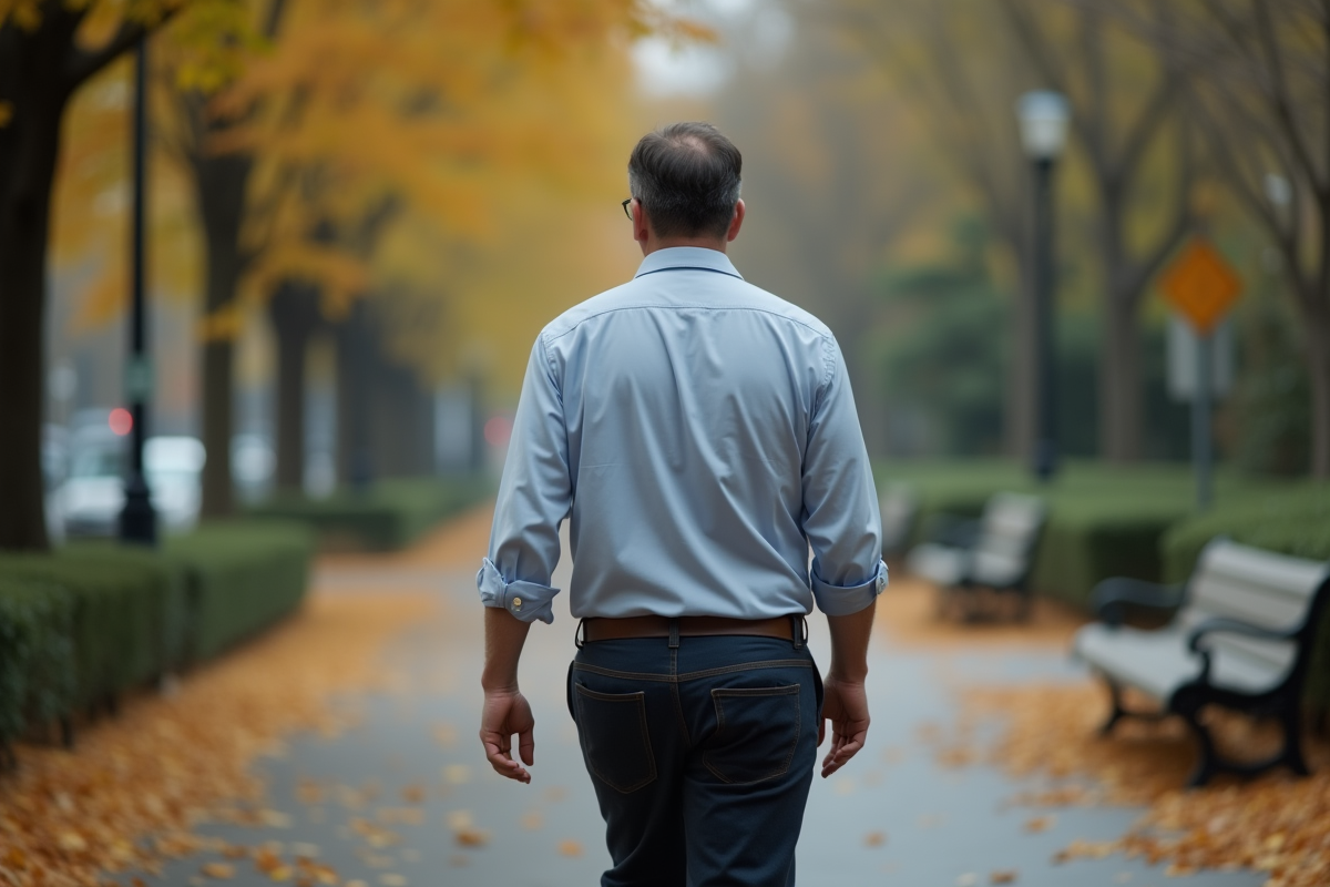 Homme marche seul dans un parc en automne