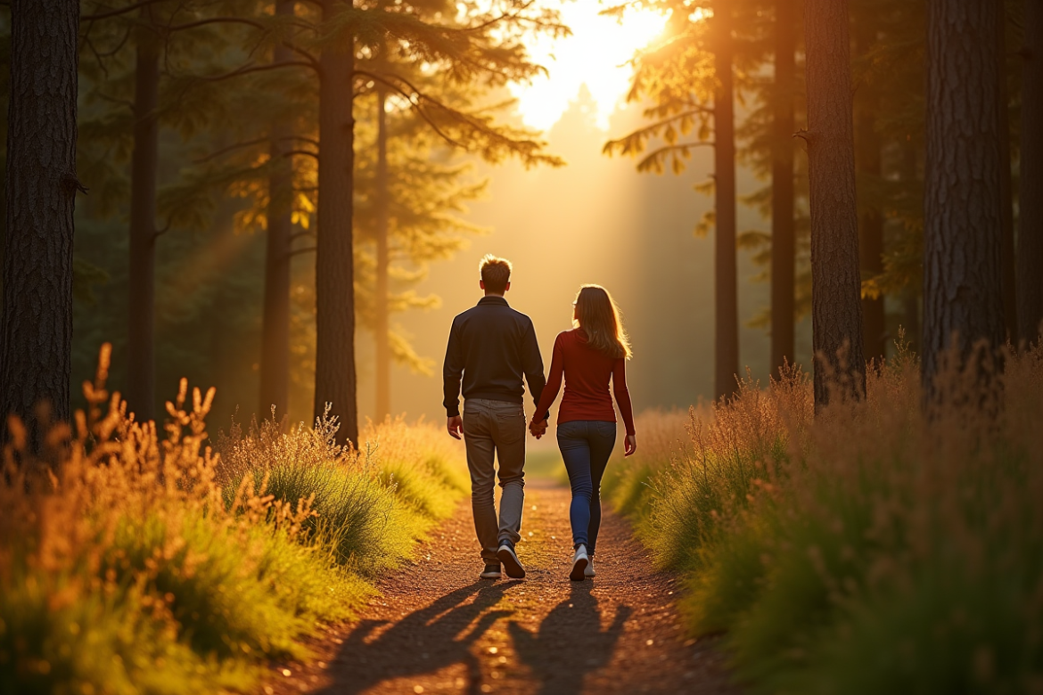 Couple main dans la main dans la forêt vosgienne au coucher du soleil