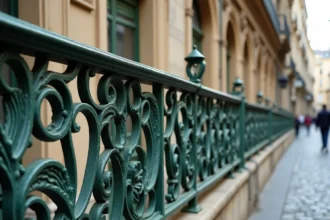 Rampe en fer forgé Art nouveau aux motifs végétaux sinueux sur une façade parisienne en pierre calcaire
