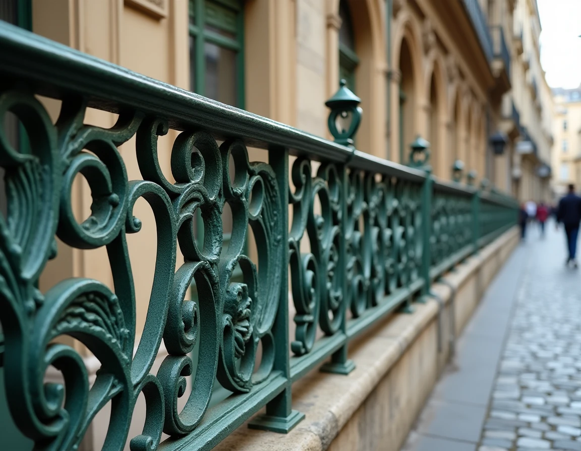 Rampe en fer forgé Art nouveau aux motifs végétaux sinueux sur une façade parisienne en pierre calcaire