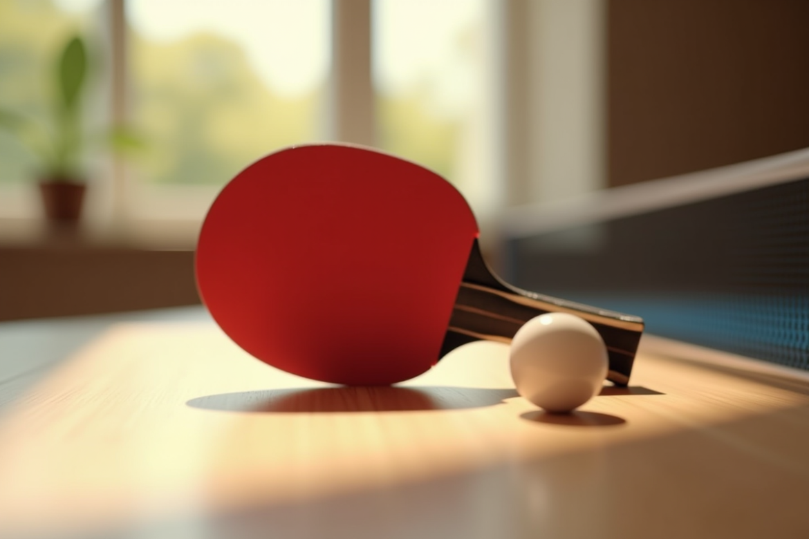 Raquette de ping pong avec face rouge en gros plan