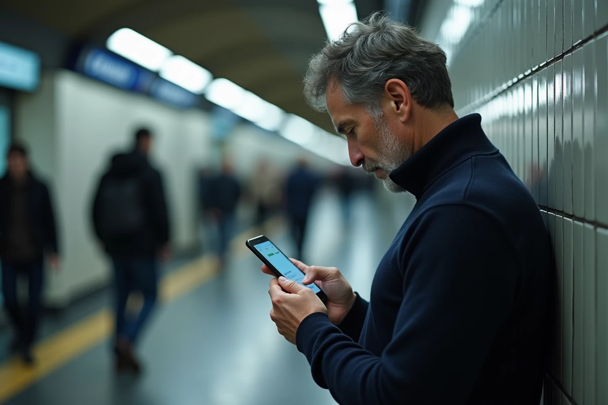 Homme consultant son smartphone pour régler une amende RATP à la sortie d'une station de métro
