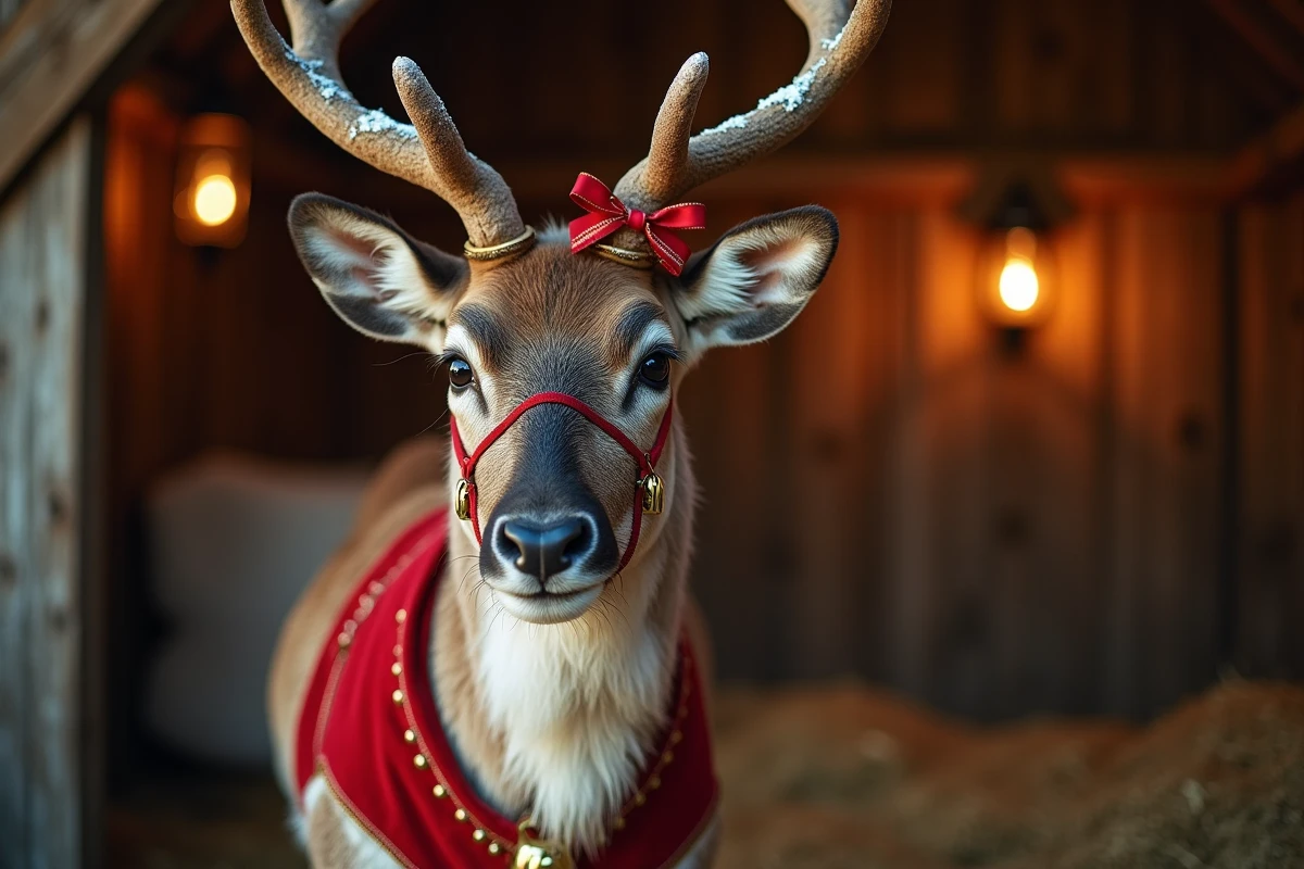 Renne du Père Noël avec harnais en velours rouge et clochettes dorées dans une étable rustique décorée, photographie réaliste de renne de Noël