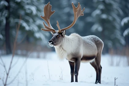 Renne sauvage mâle avec bois enneigés dans une forêt boréale en hiver, photographie réaliste de renne ordinaire dans son habitat naturel