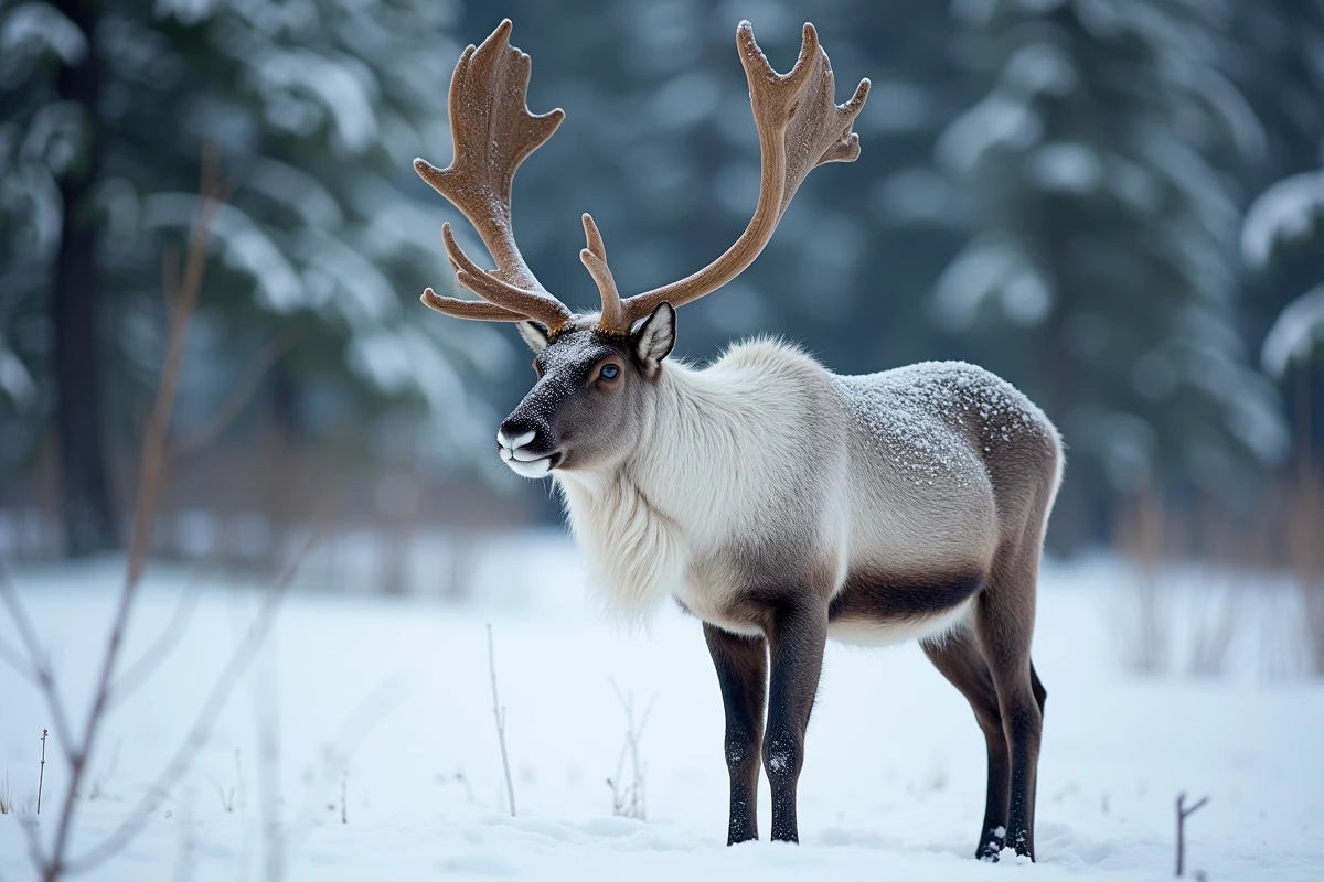 Renne sauvage mâle avec bois enneigés dans une forêt boréale en hiver, photographie réaliste de renne ordinaire dans son habitat naturel