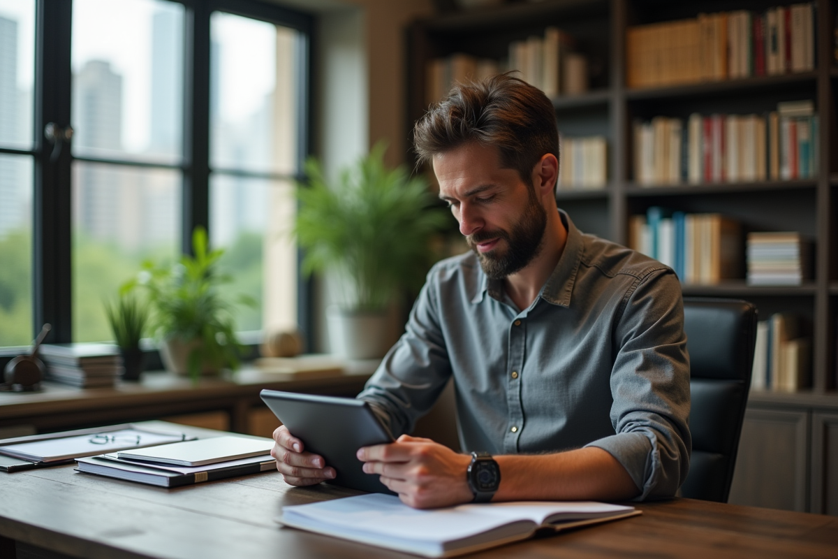 Responsable RH examinant des dossiers dans un bureau cosy