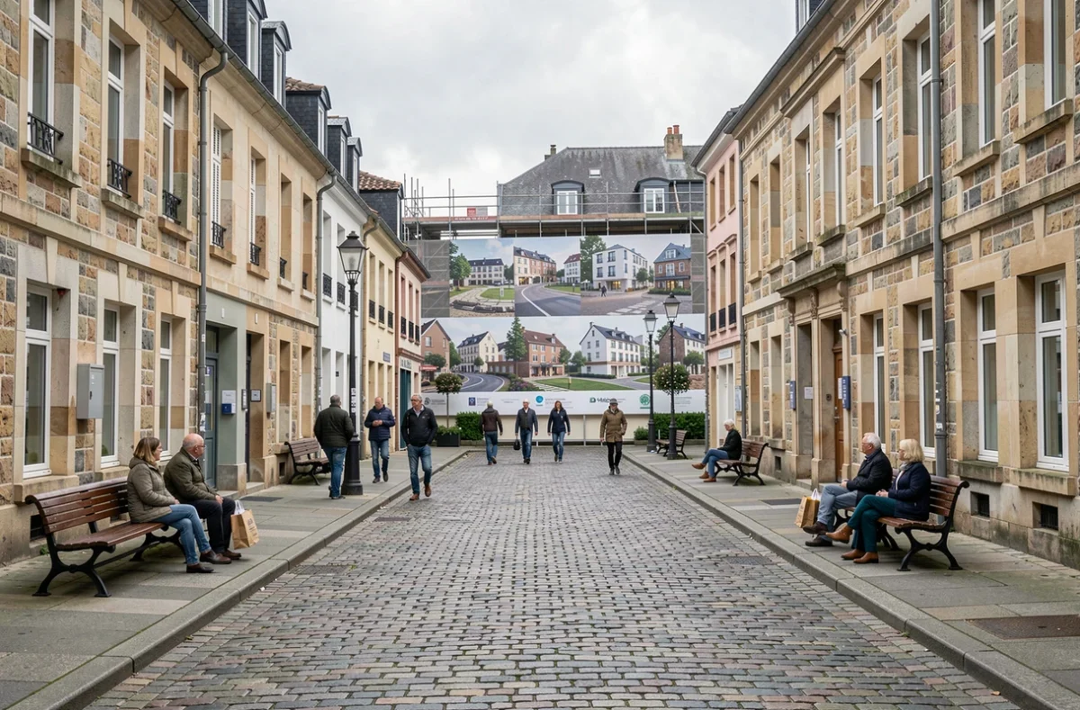Rue piétonne de Sarralbe avec chantier de rénovation urbaine visible en arrière-plan, illustrant les projets de développement 2026