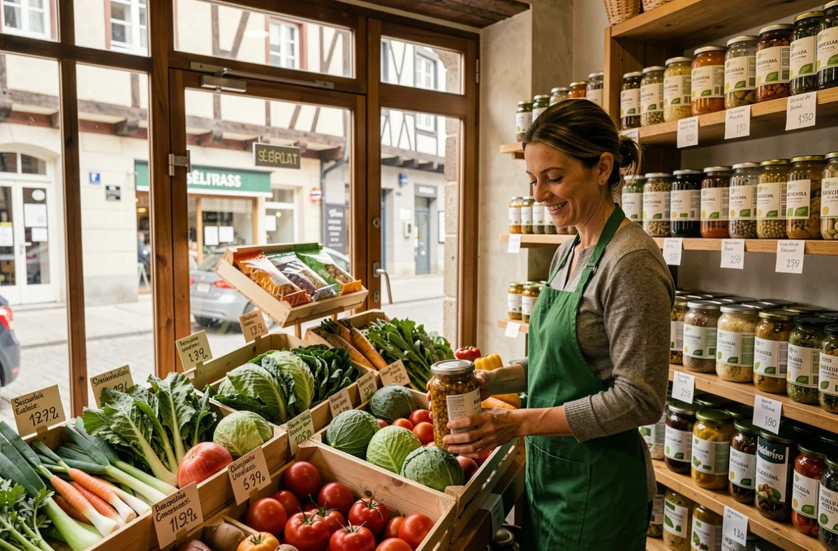 Intérieur du magasin Saint BIO'Z à Sélestat avec produits biologiques locaux et vendeuse souriante