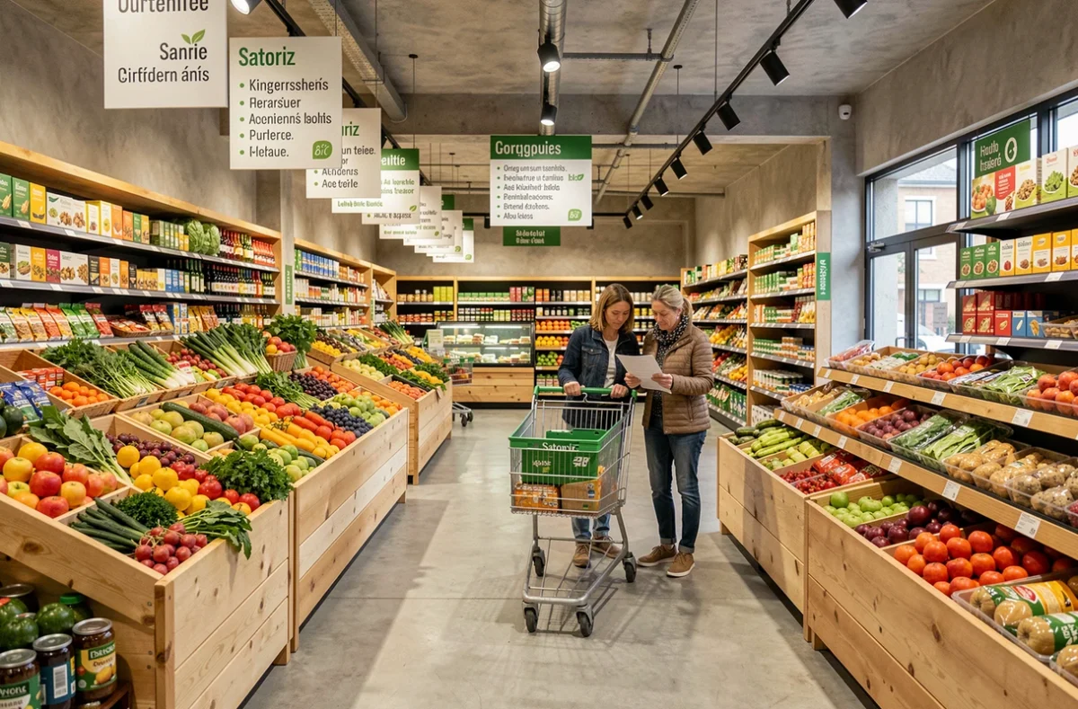 Rayon fruits et légumes biologiques du supermarché Satoriz à Kingersheim avec clients faisant leurs courses