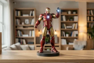 Statue Iron Man collector détaillée en résine rouge et or posée sur une étagère en bois dans un salon moderne