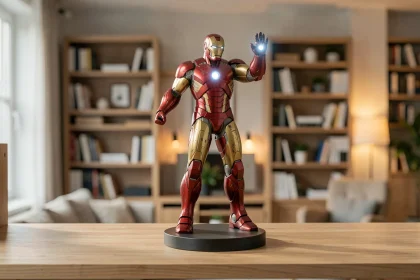 Statue Iron Man collector détaillée en résine rouge et or posée sur une étagère en bois dans un salon moderne