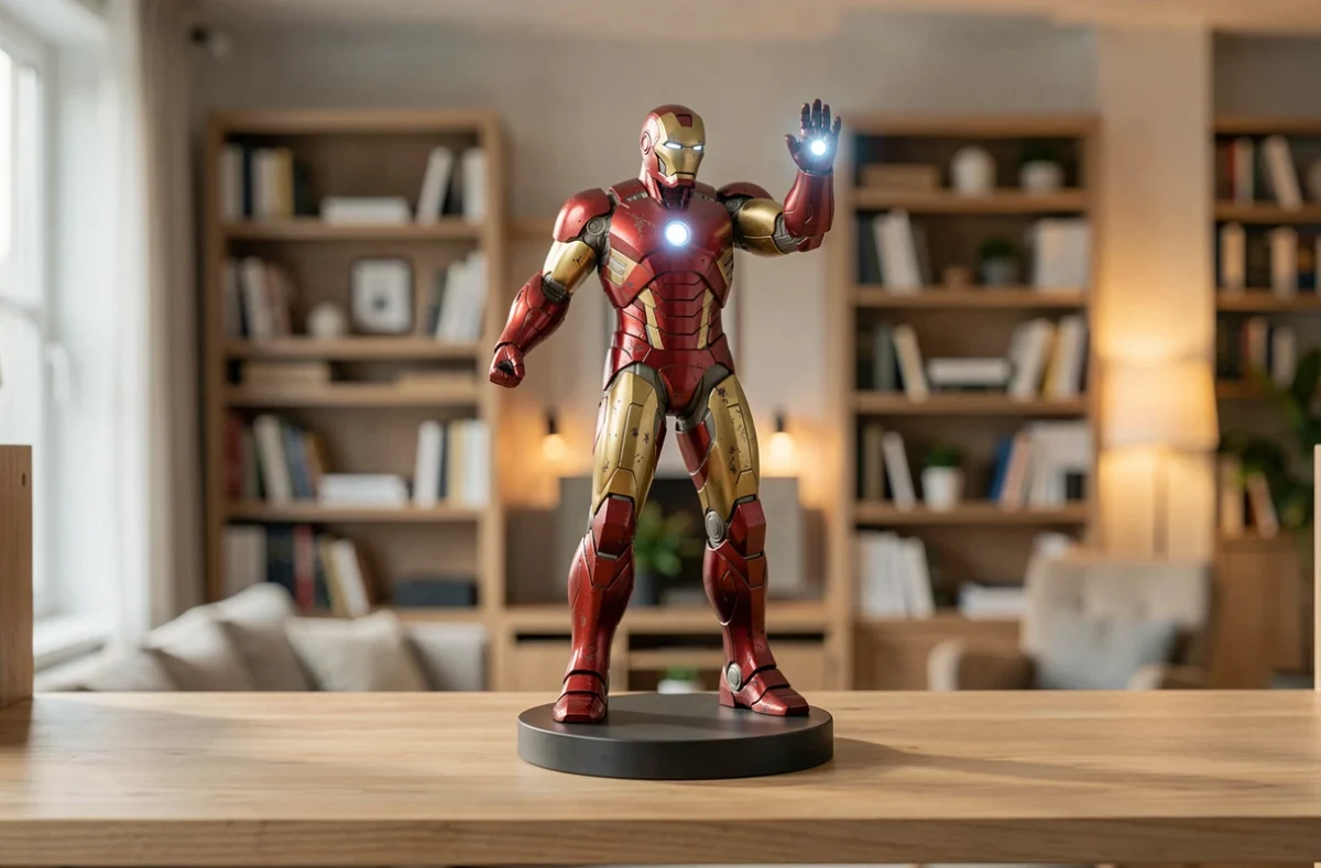 Statue Iron Man collector détaillée en résine rouge et or posée sur une étagère en bois dans un salon moderne
