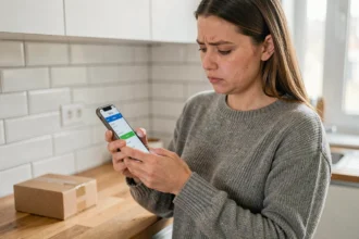 Femme consultant le suivi de colis DPD sur son smartphone dans une cuisine moderne