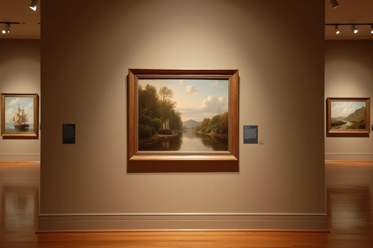 Reproduction encadrée du tableau American Progress de John Gast exposée dans une galerie d'art américaine aux murs beiges et parquet en bois