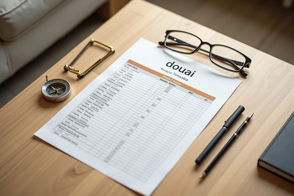 Tableau imprimé des horaires de prières mensuels pour Douai posé sur une table avec boussole et lunettes