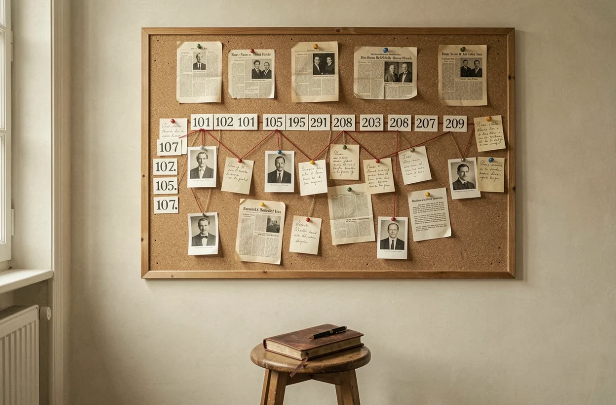 Tableau de liège avec chronologie biographique, coupures de presse et photographies reliées par des fils rouges dans un bureau français