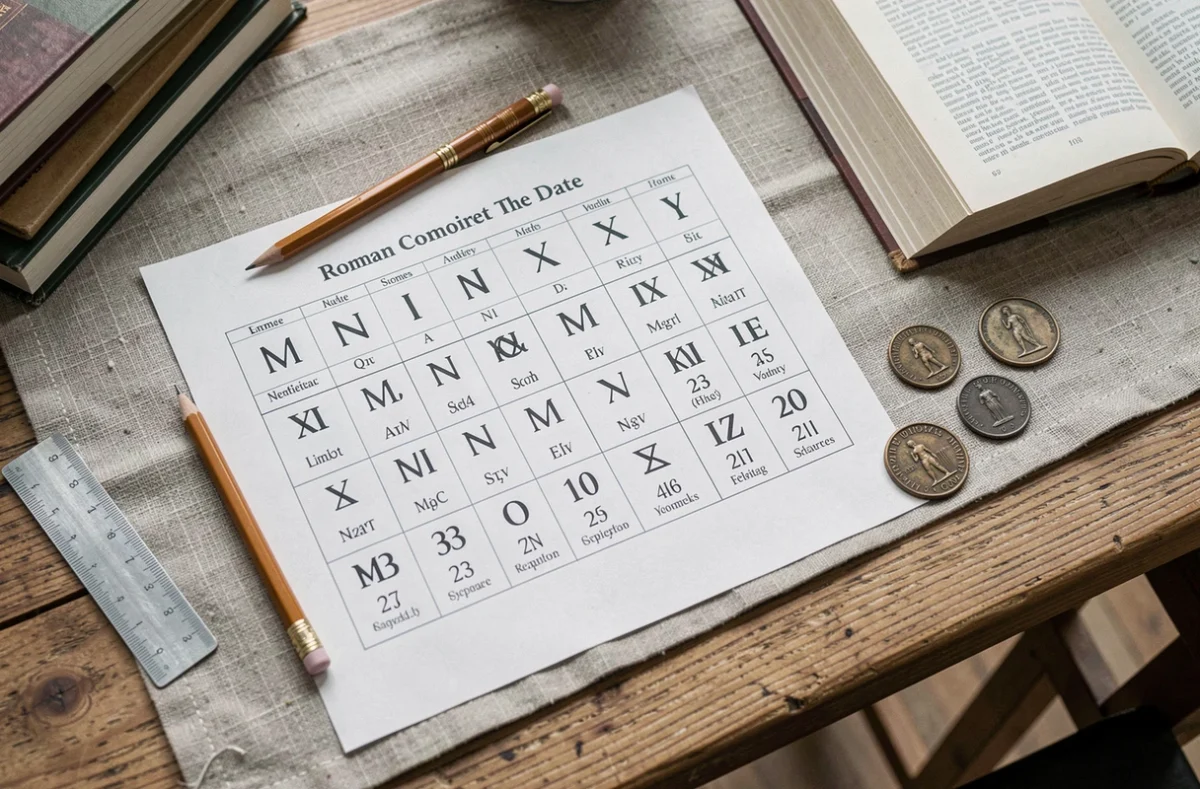 Tableau de référence des chiffres romains posé sur un bureau avec des outils d'écriture