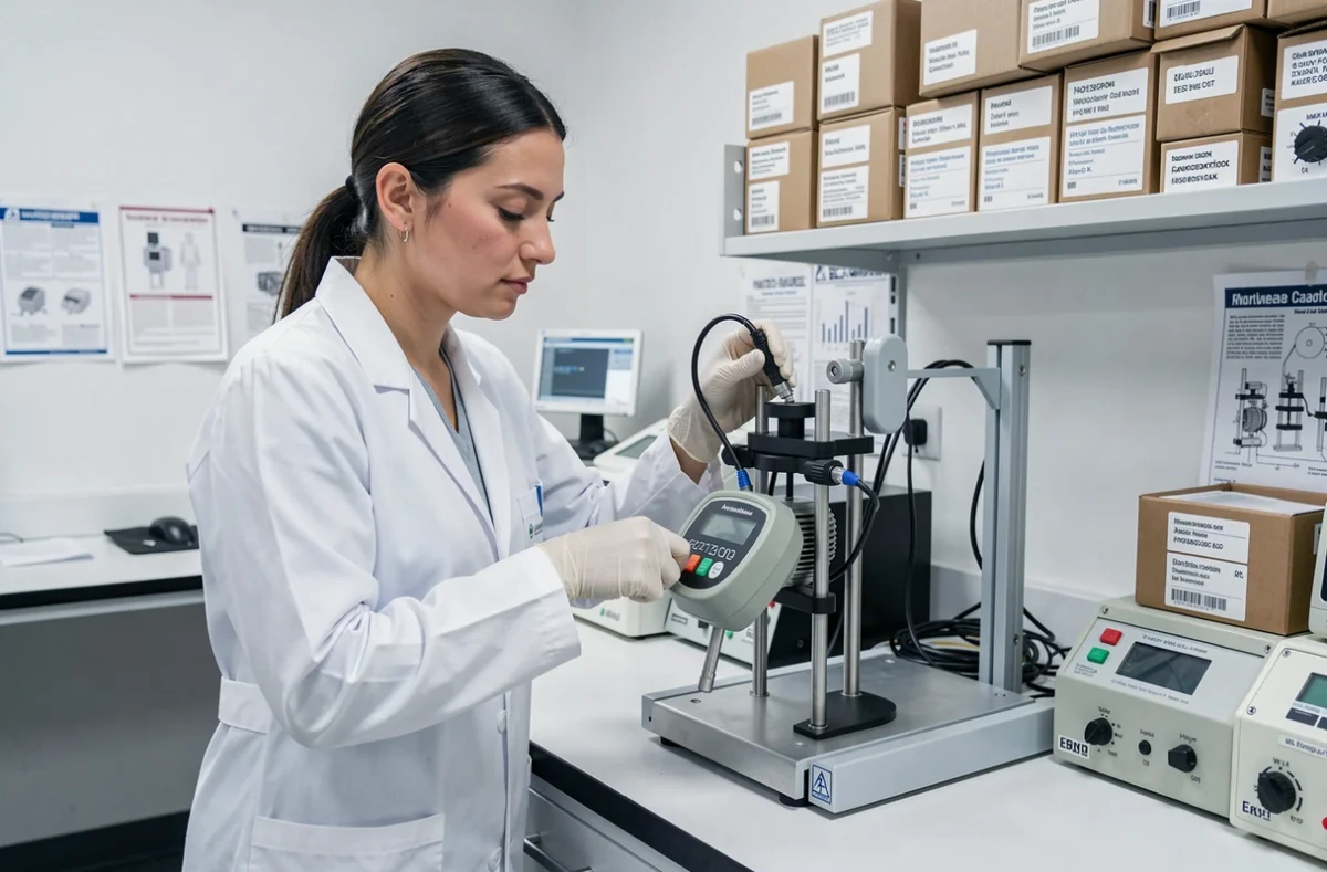 Technicienne en laboratoire connectant un dynamomètre à un banc de calibration pour un test de mesure de force