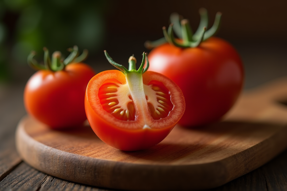Tomate cerise coupée en deux sur planche en bois