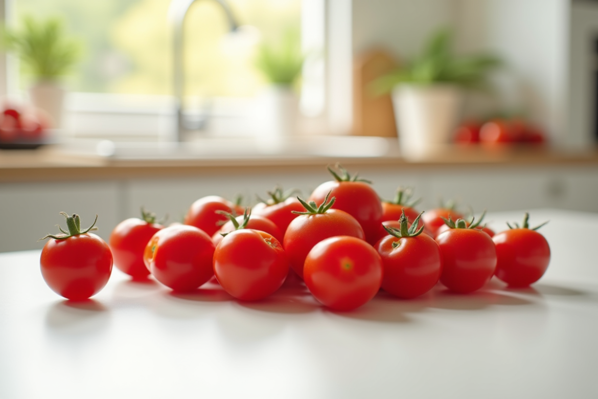 Mains avec tomates cerises sur plan de cuisine lumineux