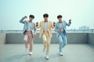 Trio K-pop masculin en tenue streetwear coordonnée réalisant une chorégraphie sur un rooftop urbain à Séoul