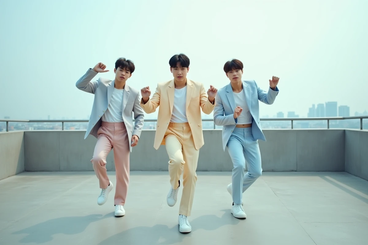 Trio K-pop masculin en tenue streetwear coordonnée réalisant une chorégraphie sur un rooftop urbain à Séoul