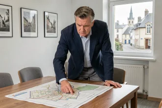 Urbaniste municipal de Sarralbe examinant un plan d'aménagement urbain pour les projets 2026 de la commune