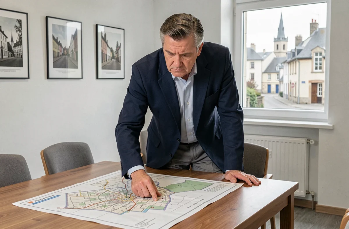 Urbaniste municipal de Sarralbe examinant un plan d'aménagement urbain pour les projets 2026 de la commune