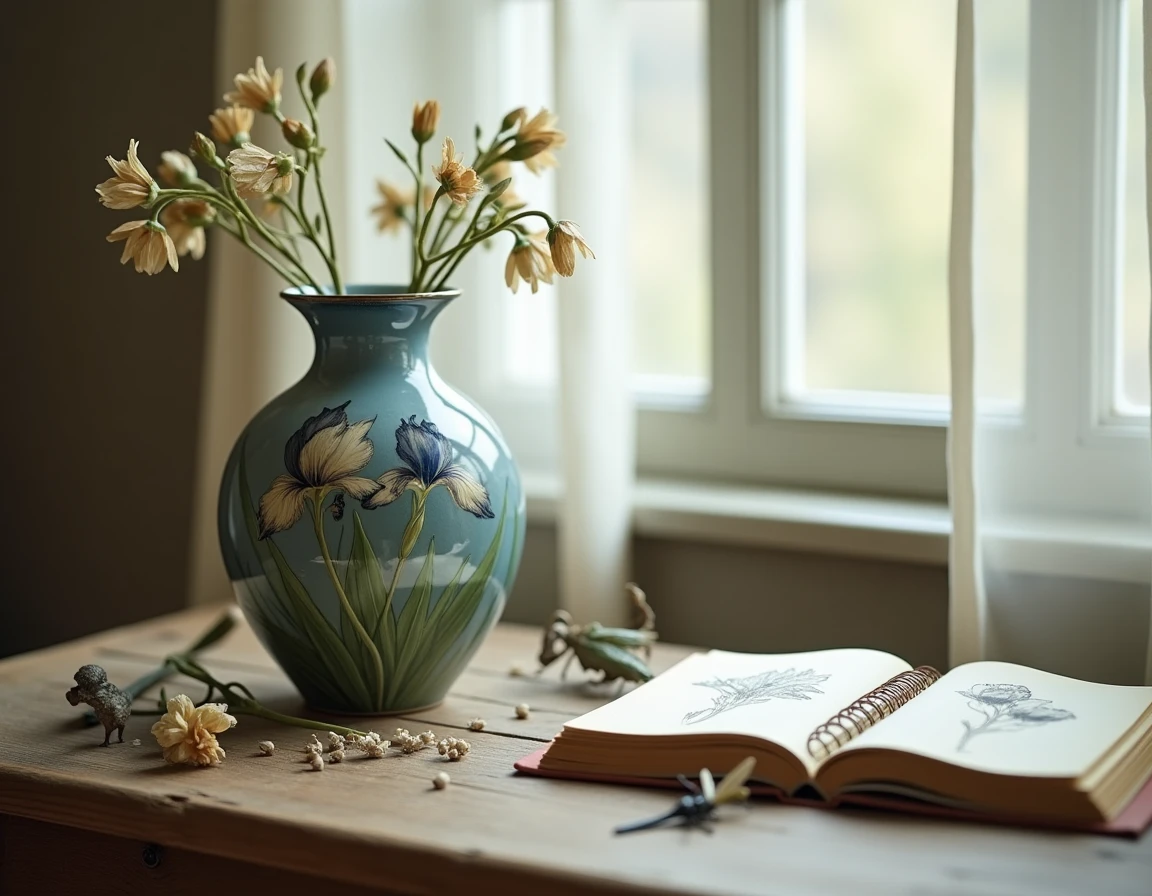 Vase en céramique Art nouveau peint à la main avec motifs d'iris, entouré de botaniques séchées et d'un carnet de croquis