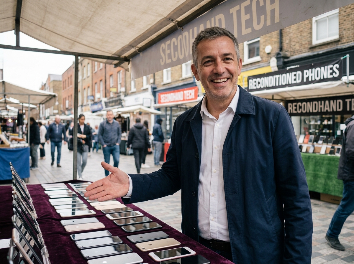 Vendeur présentant des smartphones reconditionnés sur un marché urbain