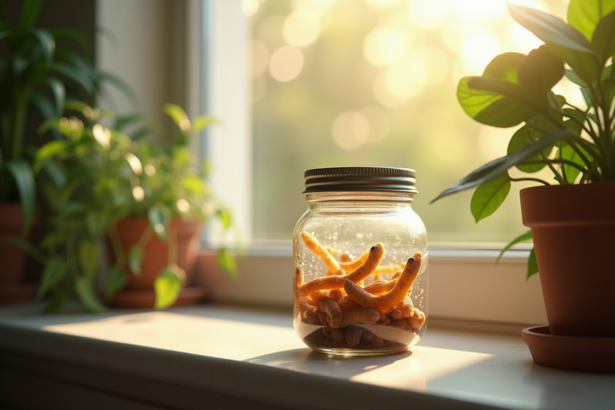 Un verre avec des asticots dans un salon lumineux et végétal