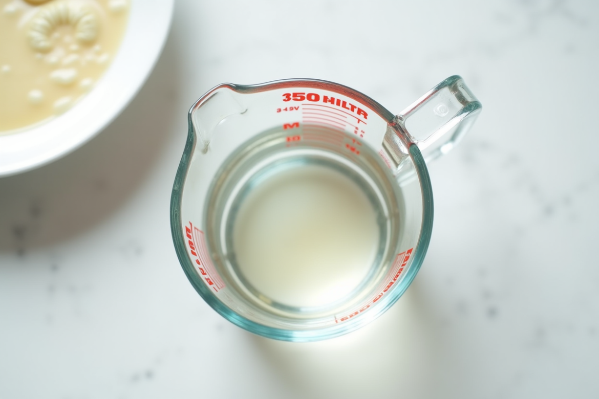 Verre mesure 350ml sur plan de travail blanc lumineux