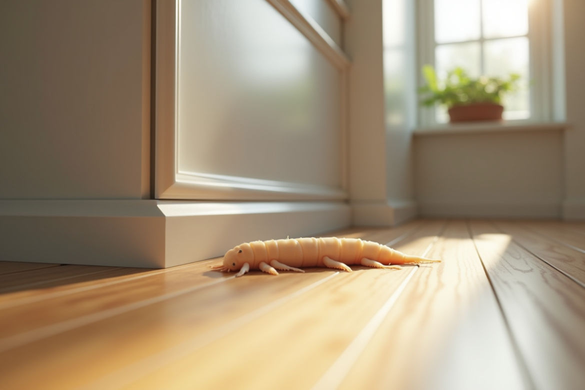 Un asticot pâle sur un sol en bois propre dans une cuisine lumineuse