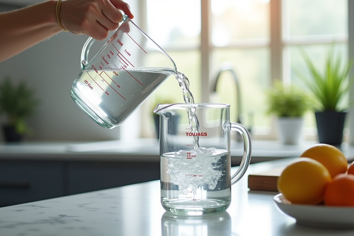 Personne versant de leau dans un grand pichet avec verre mesure