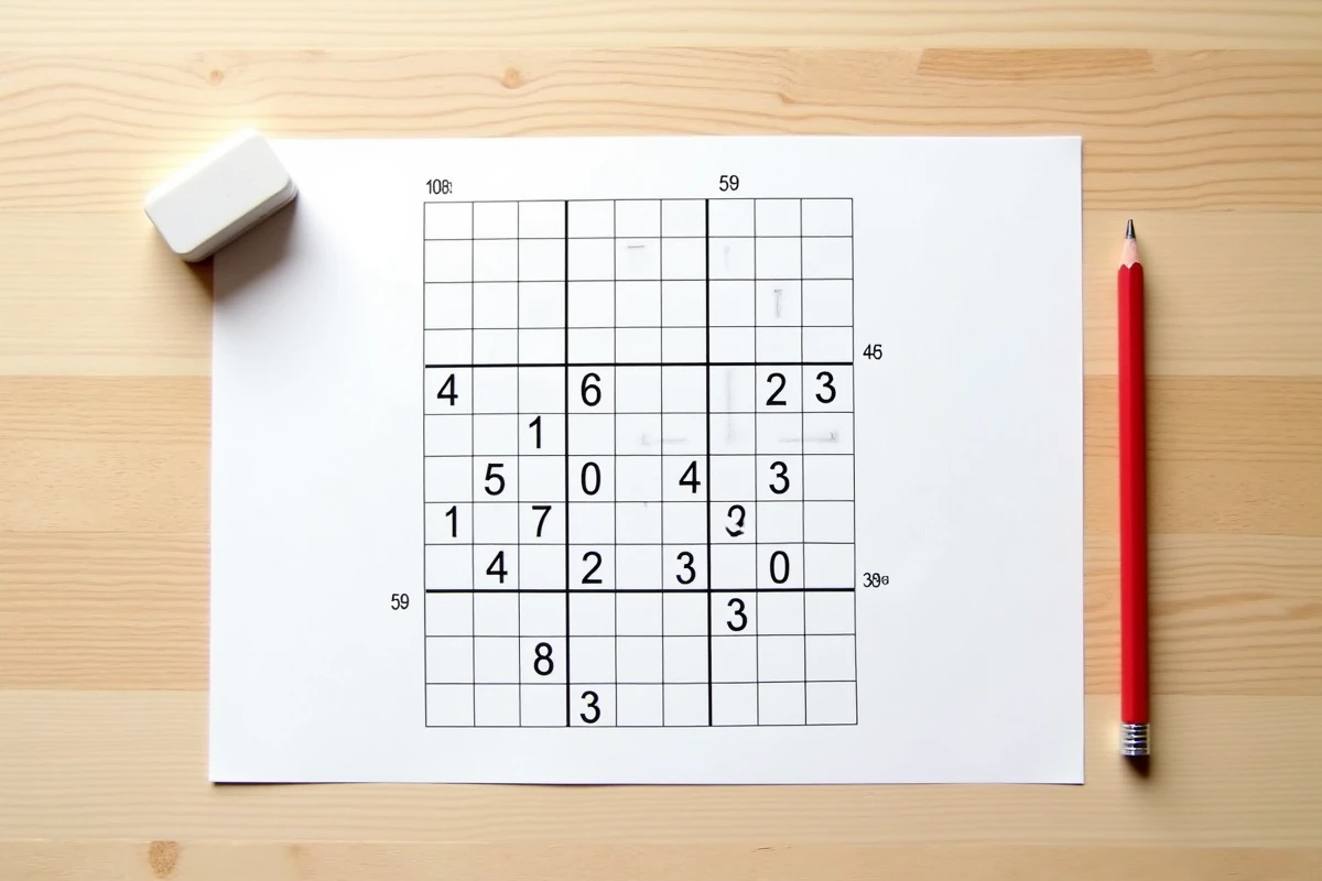 Vue de dessus d'une grille de sudoku partiellement remplie au crayon sur un bureau en bois avec une gomme et un crayon mécanique