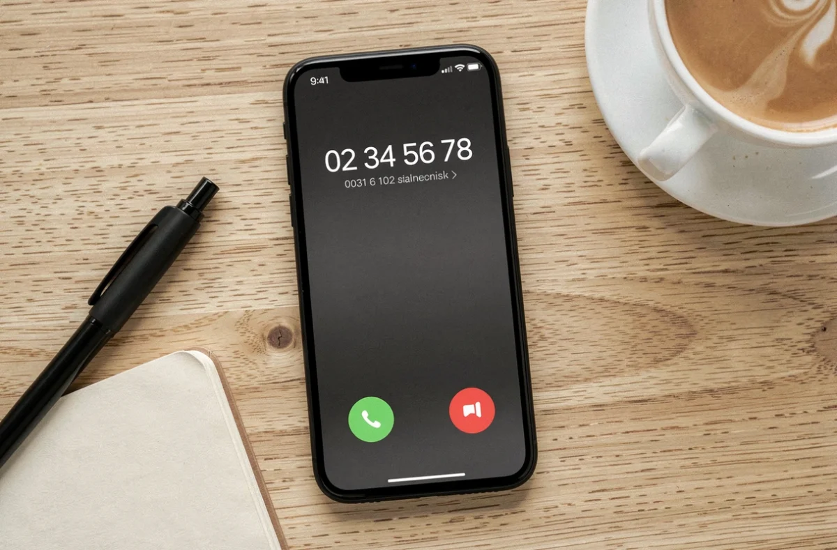 Vue de dessus d'un smartphone affichant un appel entrant avec l'indicatif international 0031 sur l'écran