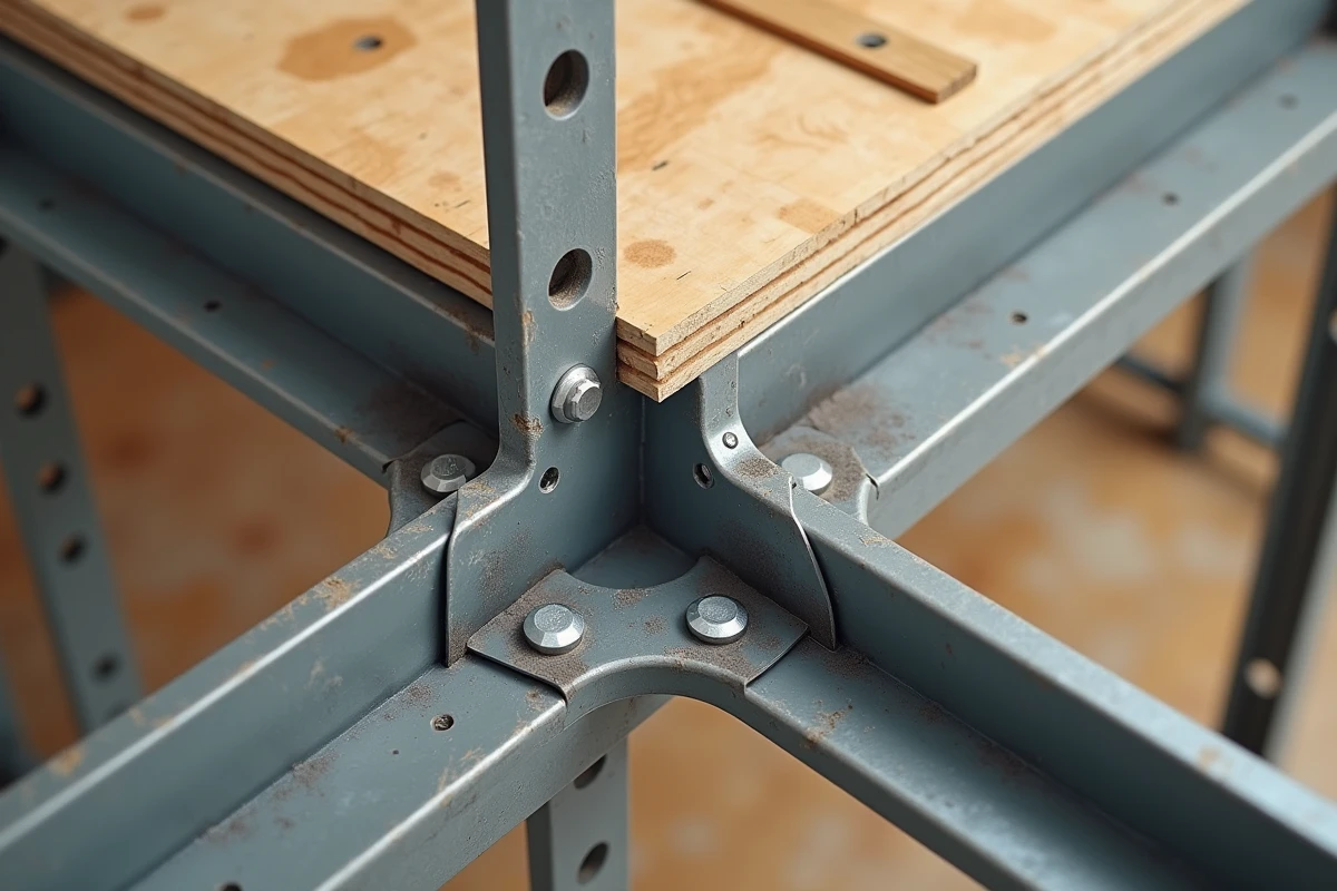 Vue en plongée de plusieurs cornières acier en L fixées sur la structure d'un plancher de mezzanine avec boulons et soudures visibles